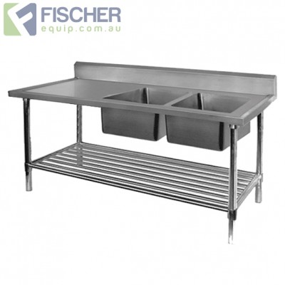 Stainless Steel Right Double Sink Bench 2400mm - Pipe Under Shelf - FSA-2-2400R